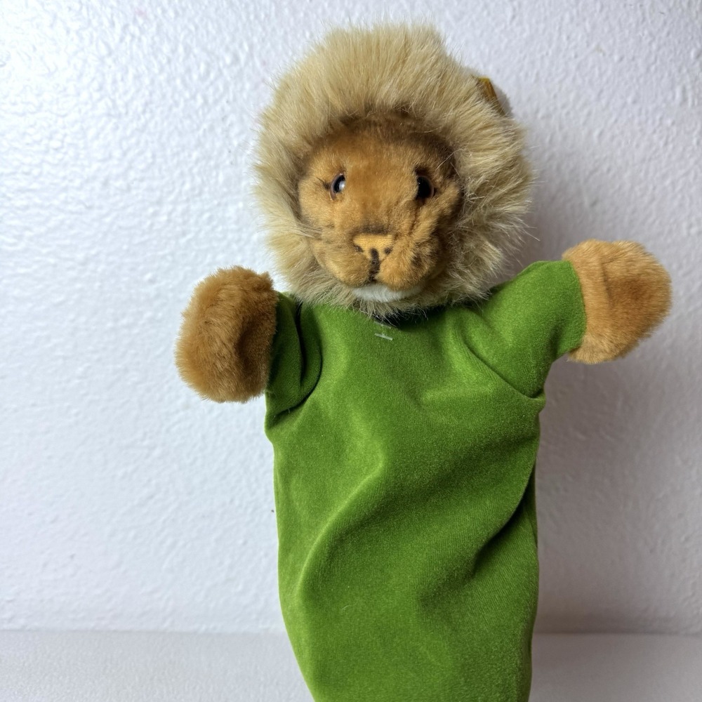 Vintage Steiff Lion Hand Puppet 6478/27 Big Cat Plush West Germany Green Shirt